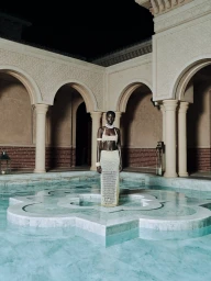 A Black woman in a beaded cream two-piece outfit stands in a decorative courtyard pool surrounded by archways at night.