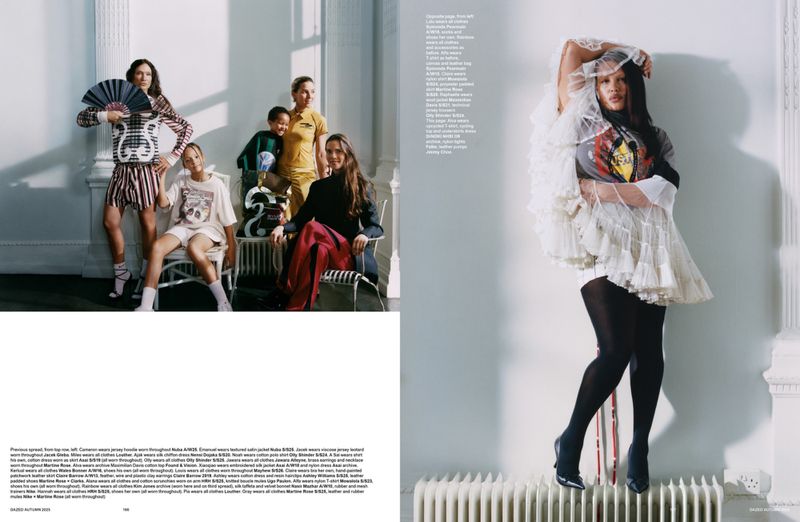 Editorial fashion shot of a woman in a white tiered dress and tights standing on a radiator, plus a group of models in various outfits.