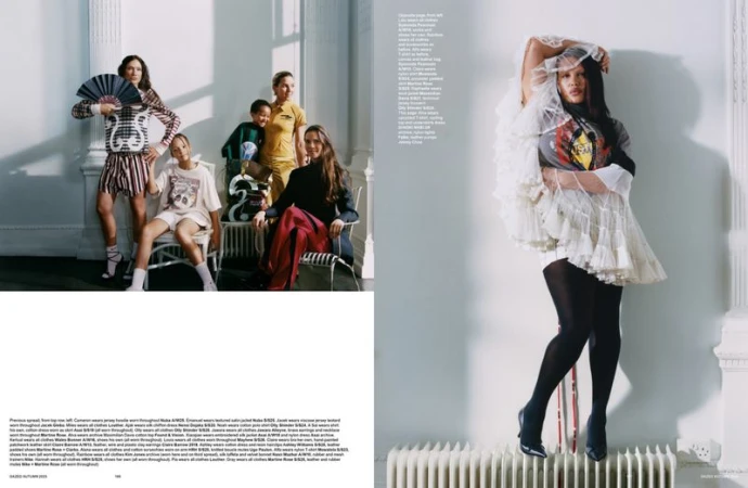 Editorial fashion shot of a woman in a white tiered dress and tights standing on a radiator, plus a group of models in various outfits.