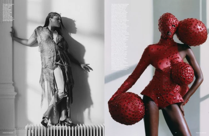 Editorial fashion spread featuring two women; one in draped grey fabric leaning against a column, the other in a red studded bodysuit.
