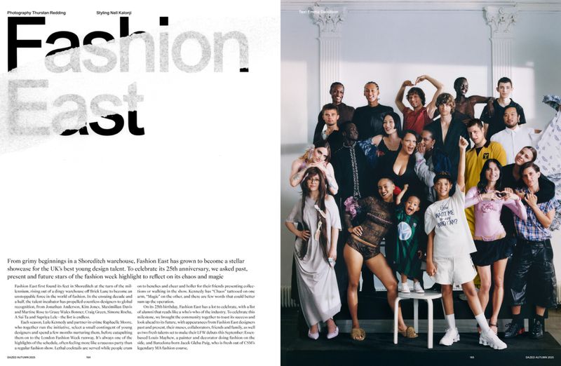 Diverse group of young adults pose in a brightly lit indoor setting, displaying fashion forward clothing. 'Fashion East' text graphic visible.