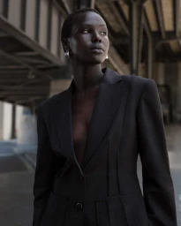 Model with short hair wearing a dark blazer and silver hoop earrings under an industrial concrete bridge.