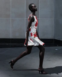 Model in red and white floral mini dress walking past a grey tiled wall outdoors
