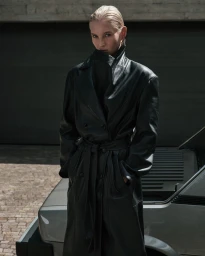 Model in a black leather trench coat posing next to a grey car for Cue SS25 campaign