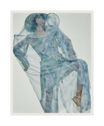 Model Charlee Fraser wearing sheer blue patterned veil and matching apparel against a light grey studio backdrop.