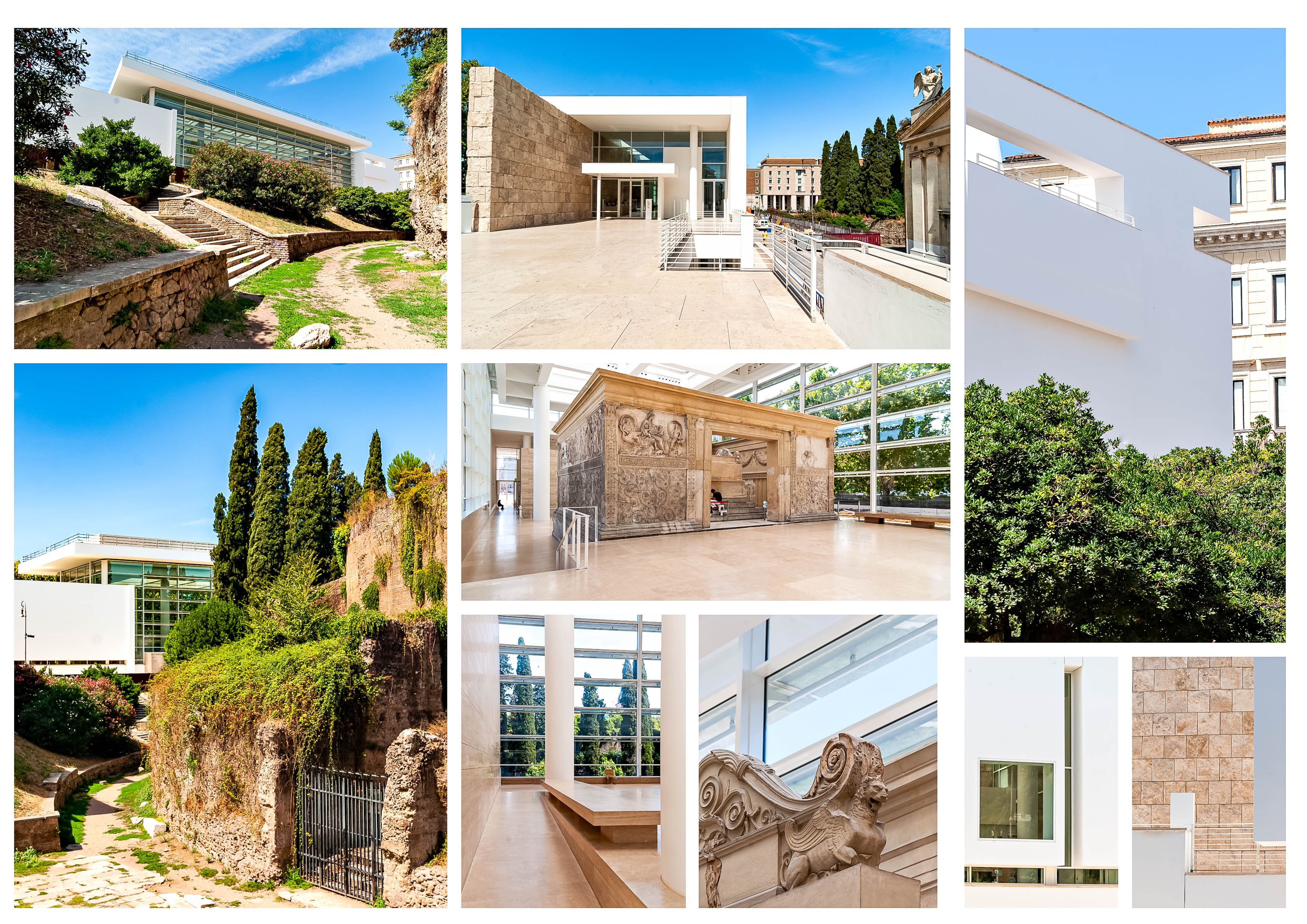Montage of the Ara Pacis Museum in Rome, Italy, featuring modern architecture integrated with ancient Roman ruins and lush greenery under a clear sky.