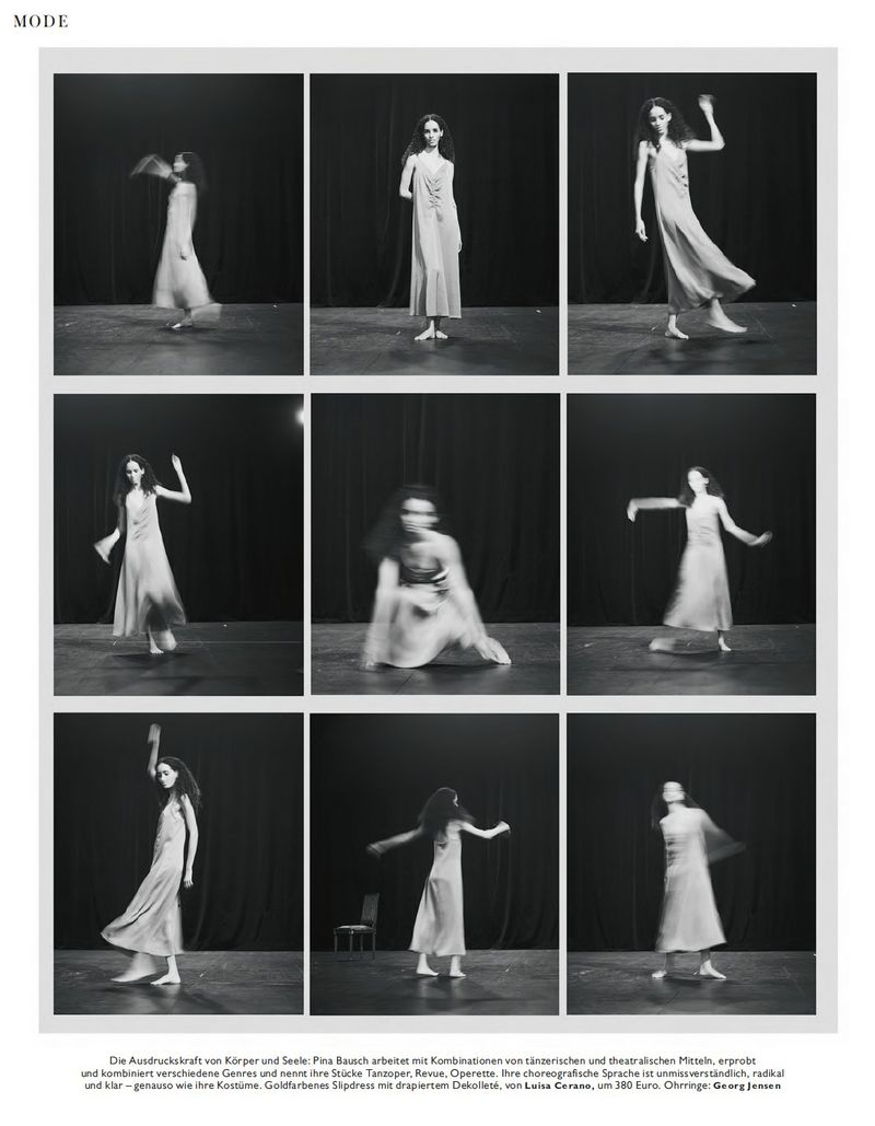 Editorial contact sheet of model Eduarda Vieira dancing in a light slip dress across a nine-frame black and white grid layout.