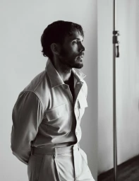 Sam Claflin in a light collared shirt and trousers standing near a studio light stand in a black and white portrait.