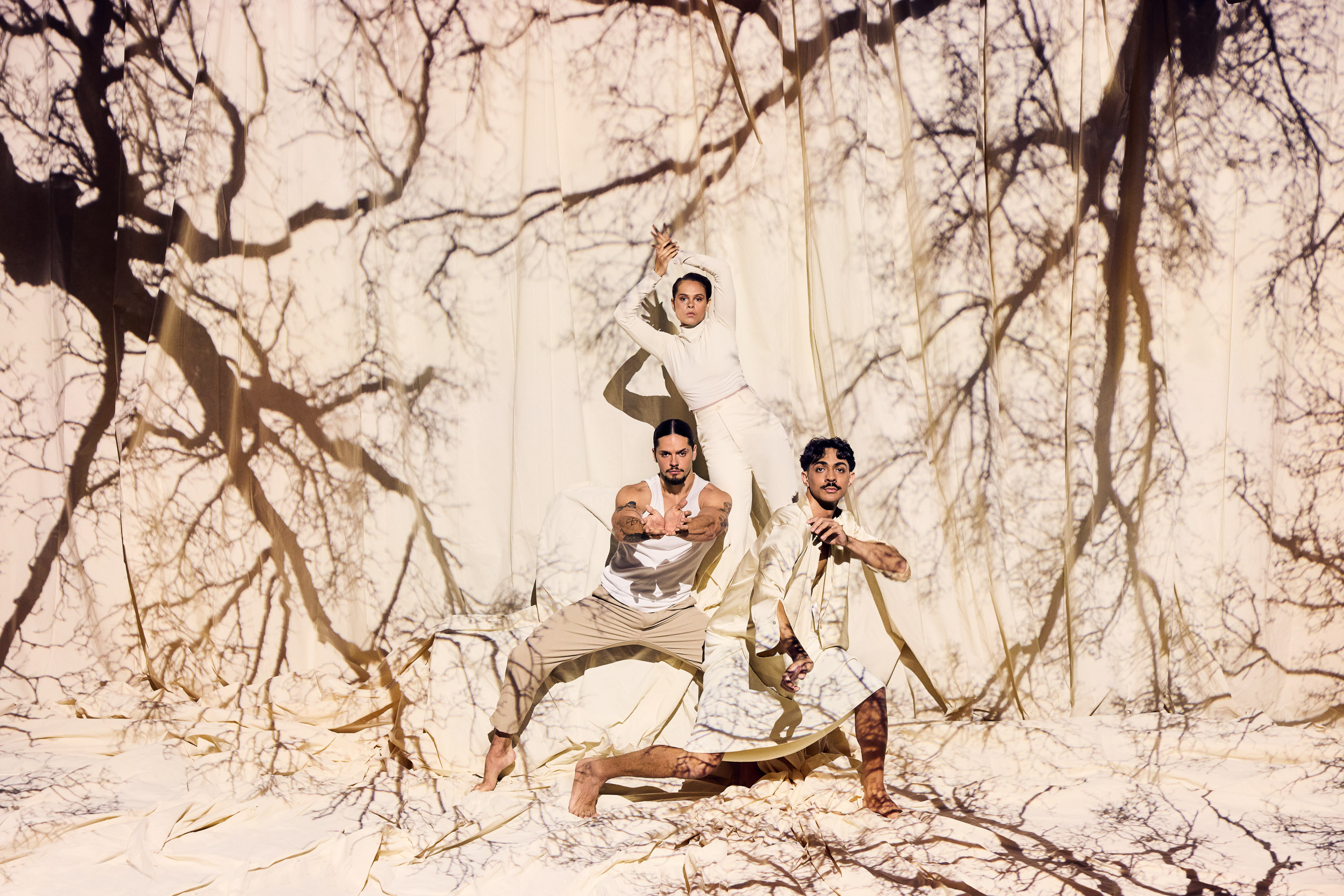 Three barefoot performers strike poses on a white fabric surface with projected tree branch shadows in a neutral, indoor studio setting.