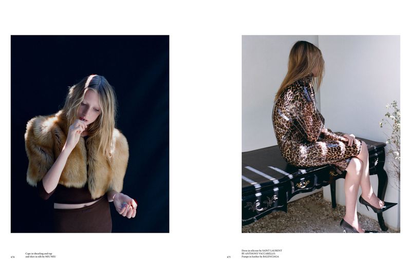 Fashion editorial split image: blonde female in fur stole and brunette in leopard dress, posing in contrasting studio and outdoor settings.