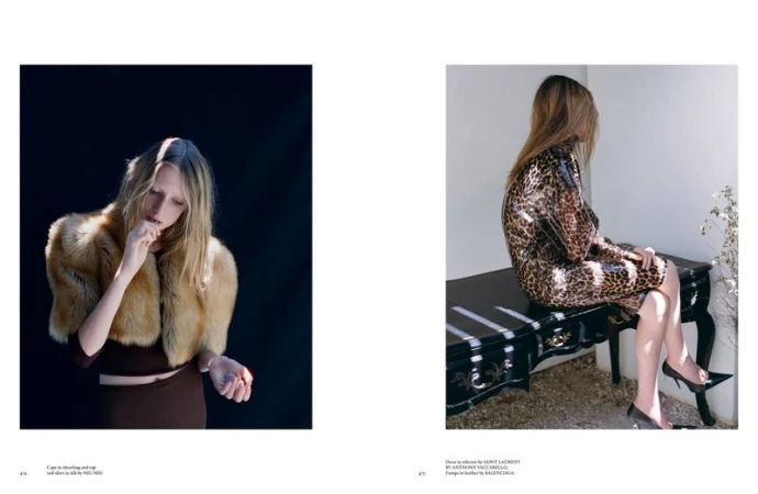 Fashion editorial split image: blonde female in fur stole and brunette in leopard dress, posing in contrasting studio and outdoor settings.
