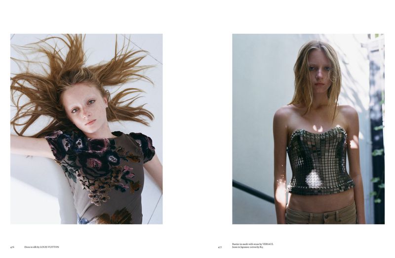 Two distinct portraits feature a pale-skinned model with auburn hair. One woman in a floral top, the other in a metallic tube top.