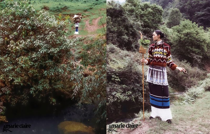 A woman poses in an outdoor fashion shot with a bamboo staff on grassy hillside with a forest backdrop. Part of an ‘amarielaire’ magazine layout.