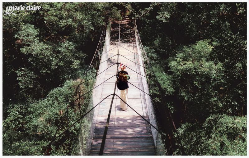 Person in dark jacket and light pants walks across a long suspension bridge surrounded by dense green forest and vegetation.