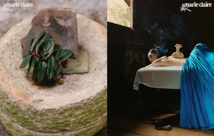 Stone vessel with plant next to woman receiving spa treatment featuring a cloth poultice on her back inside a dark, wood-paneled room.