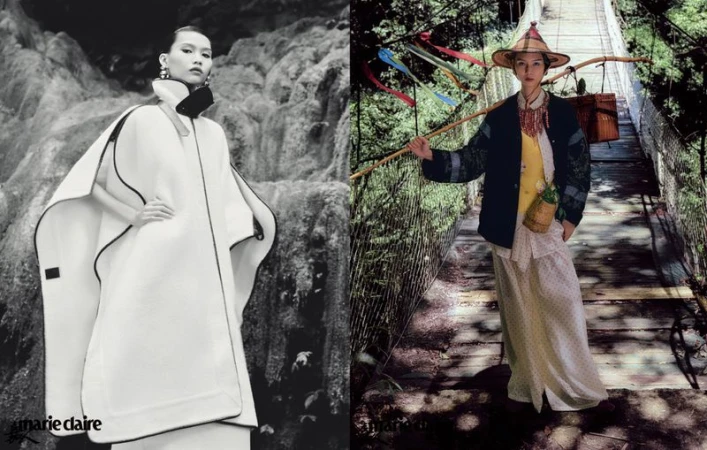 Split-screen fashion shot: Asian woman in white cape against grey rock, and another on a jungle bridge with rustic clothing.
