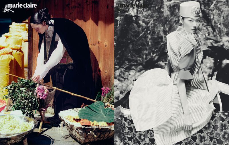Two-part fashion editorial featuring a woman in traditional dress arranging plants in the sunlight and a woman in sculptural dress in a forest setting.