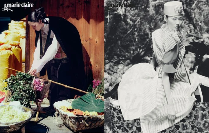 Two-part fashion editorial featuring a woman in traditional dress arranging plants in the sunlight and a woman in sculptural dress in a forest setting.