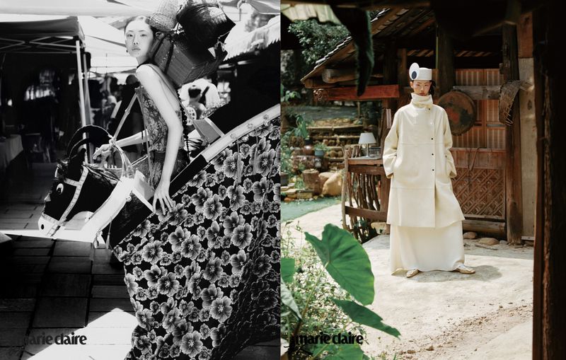 Two contrasted images of a woman in different outfits and settings for a fashion editorial, featuring a horse toy and garden.