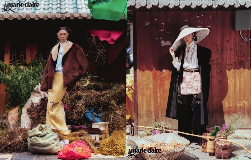 Two fashion photographs feature Asian women in large coats and hats posed amongst organic materials and rustic backgrounds for Marie Claire.