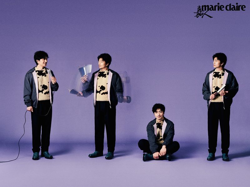 Multiple images of a young Asian male in a printed sweater, black pants and blazer jacket against a solid purple background. Marie Claire logo is present.