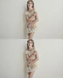 Model in lace top and mini skirt posing against a neutral wall for Fräulein editorial