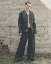 Model standing outdoors wearing a dark textured jacket and trousers against a textured concrete wall