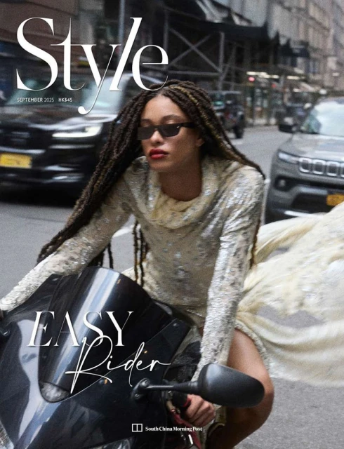 Magazine cover with a fashionable woman on a motorcycle in a city setting, featuring the "Style" logo and "Easy Rider" text.