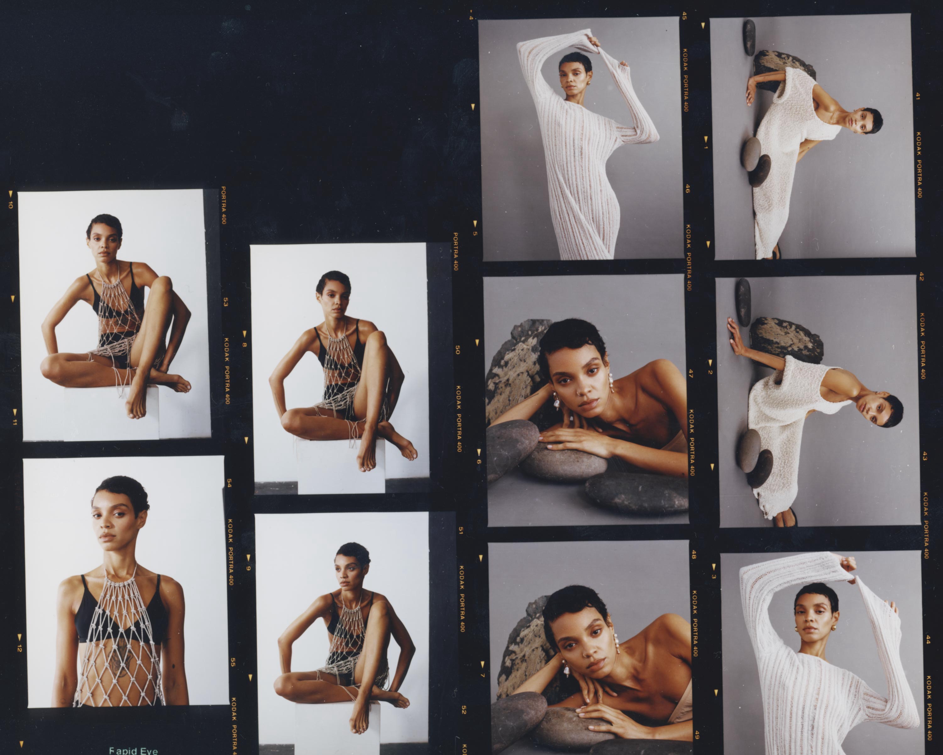 Contact sheet of fashion poses of a woman in summer and knitwear outfits against grey and white backdrops in natural lighting.