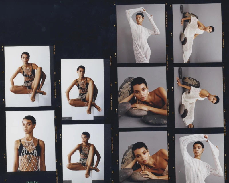 Contact sheet of fashion poses of a woman in summer and knitwear outfits against grey and white backdrops in natural lighting.