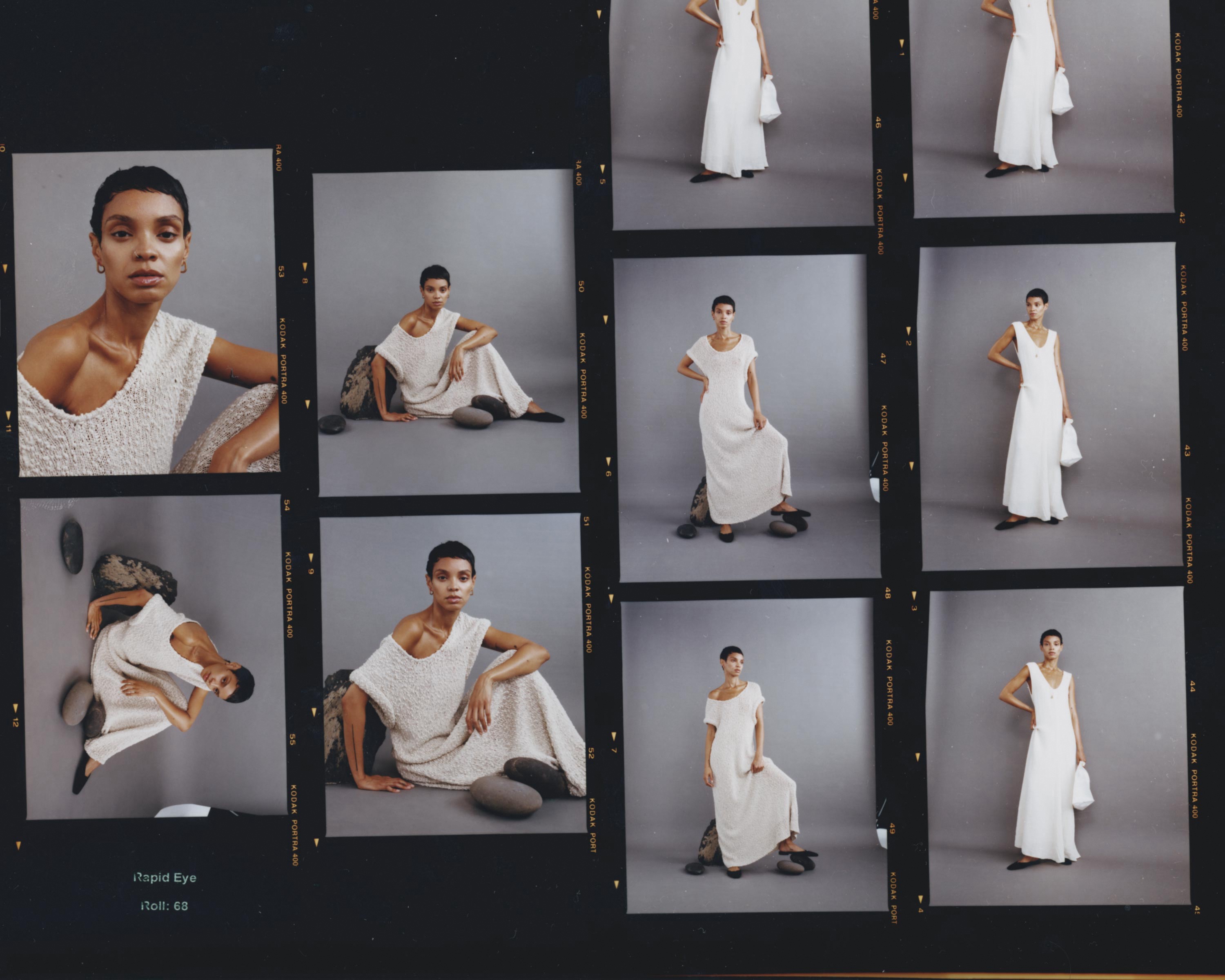 Contact sheet of medium-format film frames featuring a model with short hair in textured off-white dresses against a grey studio backdrop.