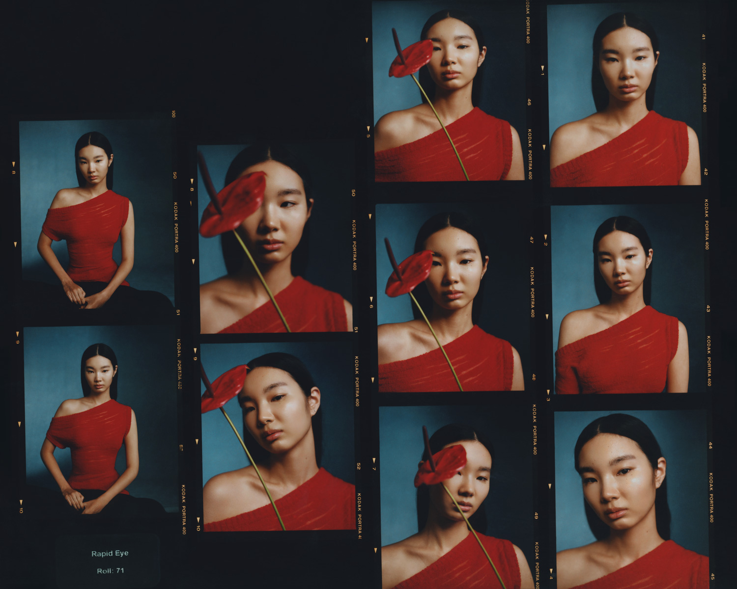 Portrait of an Asian woman in a red dress posing in a contact sheet style with a flower, set against a dark blue background.