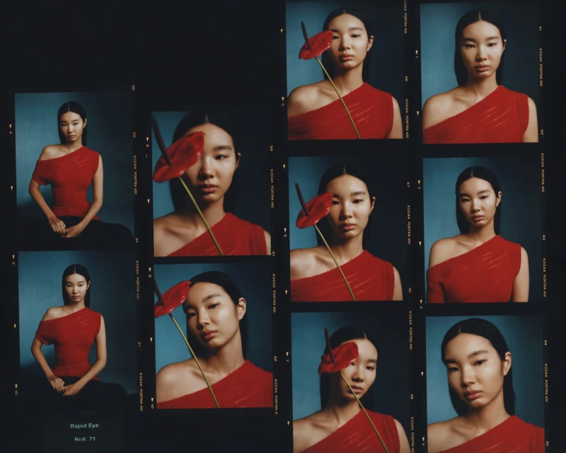 Portrait of an Asian woman in a red dress posing in a contact sheet style with a flower, set against a dark blue background.