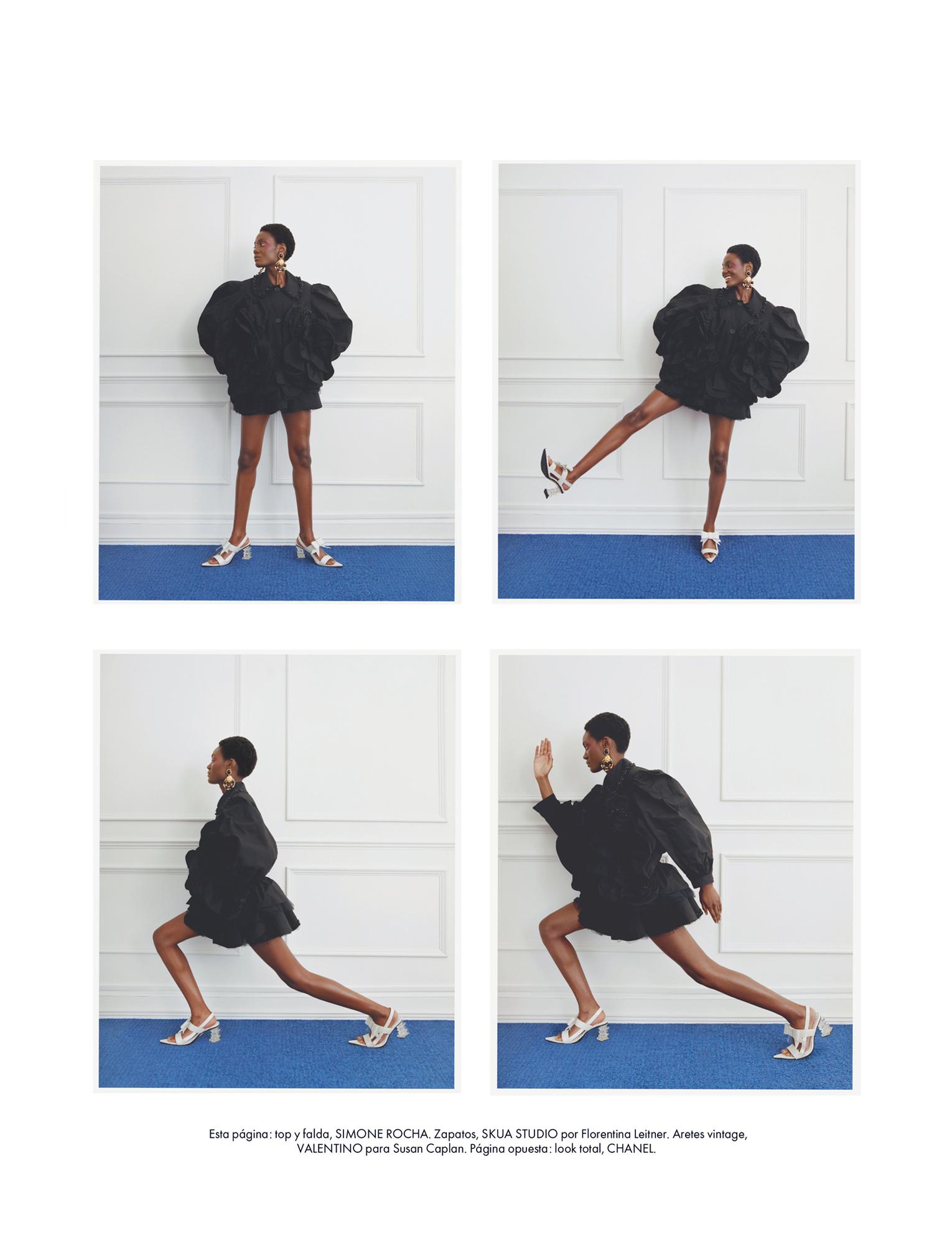 Collage of a Black female fashion model in a voluminous black dress and white shoes posing in a photo studio with white walls and a blue carpet.
