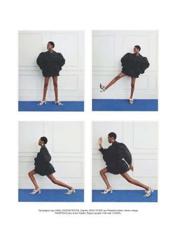 Collage of a Black female fashion model in a voluminous black dress and white shoes posing in a photo studio with white walls and a blue carpet.