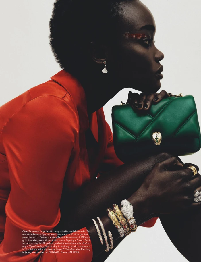 Profile of Black woman wearing an orange top and holding a green quilted shoulder bag, styled with diamond bracelets against a white background.