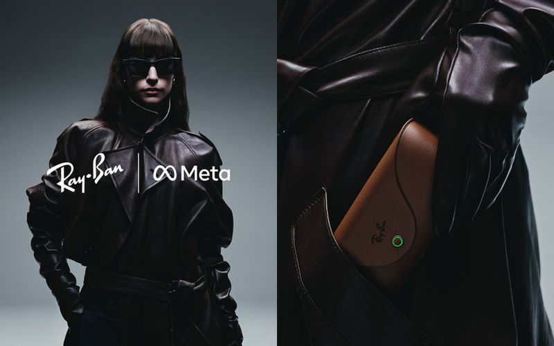Ray-Ban and Meta present a fashion-forward image of a woman in a leather outfit with a sunglasses case, highlighting style and tech.