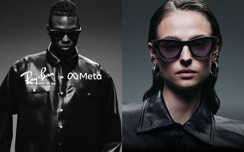 Two models wearing sunglasses and leather jackets, against a grey background, showcase Ray-Ban and Meta collaboration.