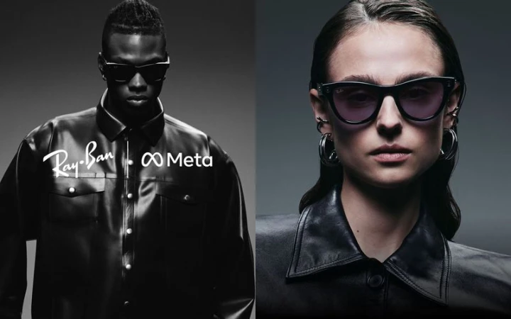 Two models wearing sunglasses and leather jackets, against a grey background, showcase Ray-Ban and Meta collaboration.