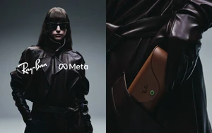 Model in dark sunglasses and leather coat holding a brown glasses case for Ray-Ban Meta AI Gen 2