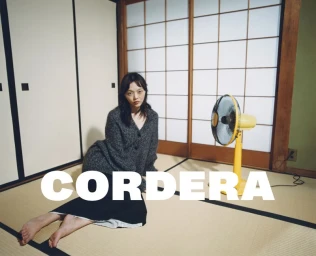 Woman in grey cardigan and dark skirt seated on tatami floor next to a yellow standing fan in a traditional interior