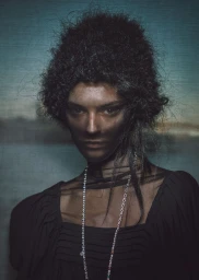 Portrait of a model with dark voluminous hair and smudge-marked face wearing a dark top with a long silver chain necklace.