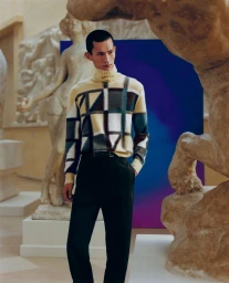 Model wearing a patterned turtleneck sweater and dark trousers standing amidst museum classical marble statues