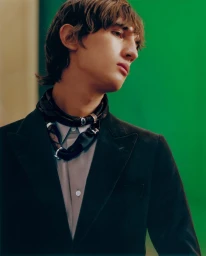 Close-up portrait of a male model wearing a dark suit jacket, collared shirt, and a dark patterned scarf around his neck against a green backdrop.