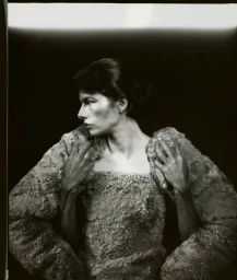 Model wearing a textured fleece garment against a dark studio background in a portrait shot by Olivia Arthur.