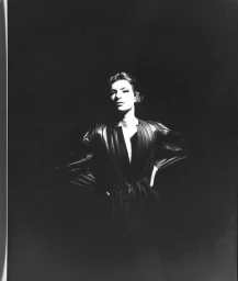 Model in dark structured top standing against a dark background in dramatic high-contrast lighting