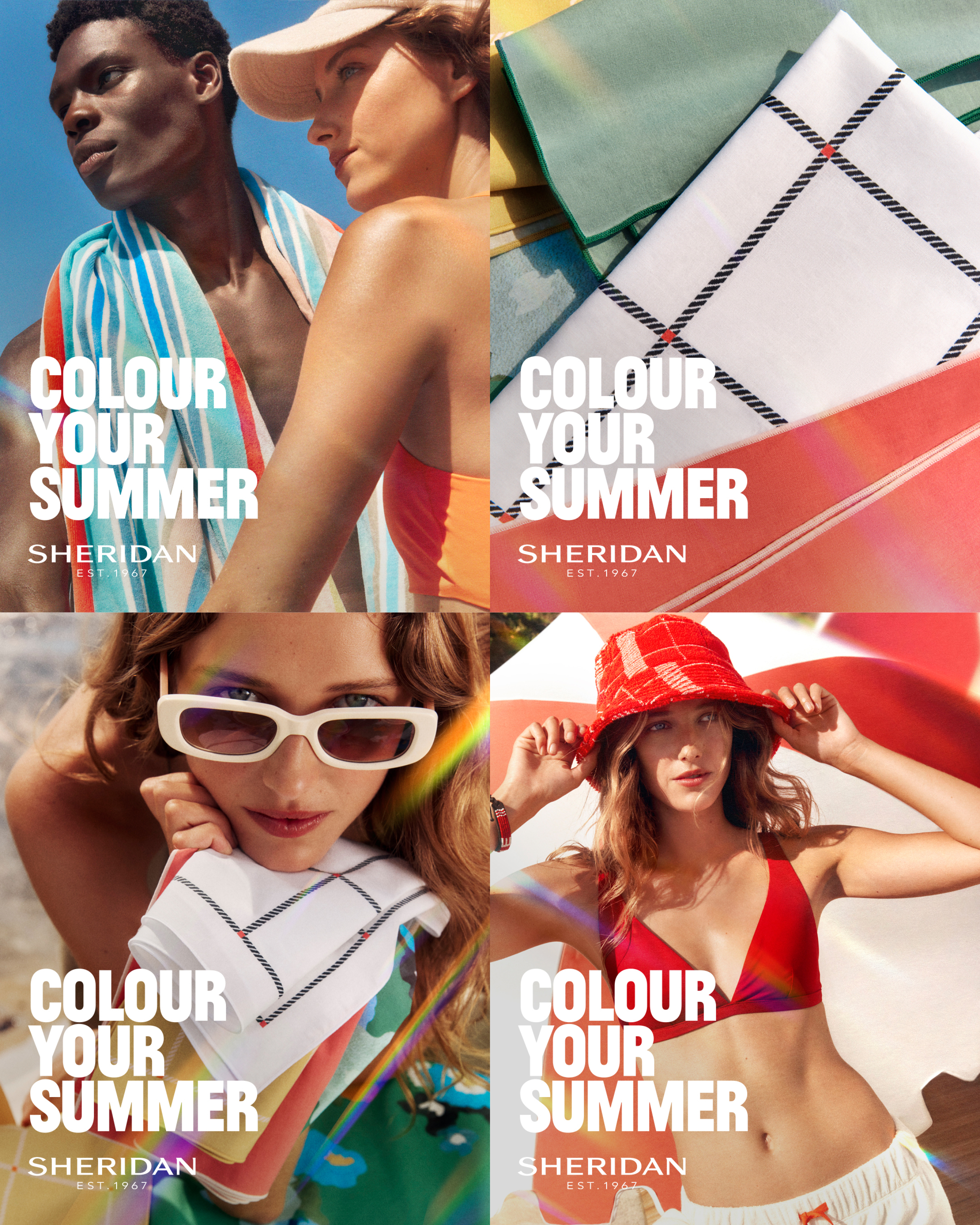 A summer-themed composite image featuring four models wearing swimwear and beachwear, promoting Sheridan with the text 'Colour Your Summer'.