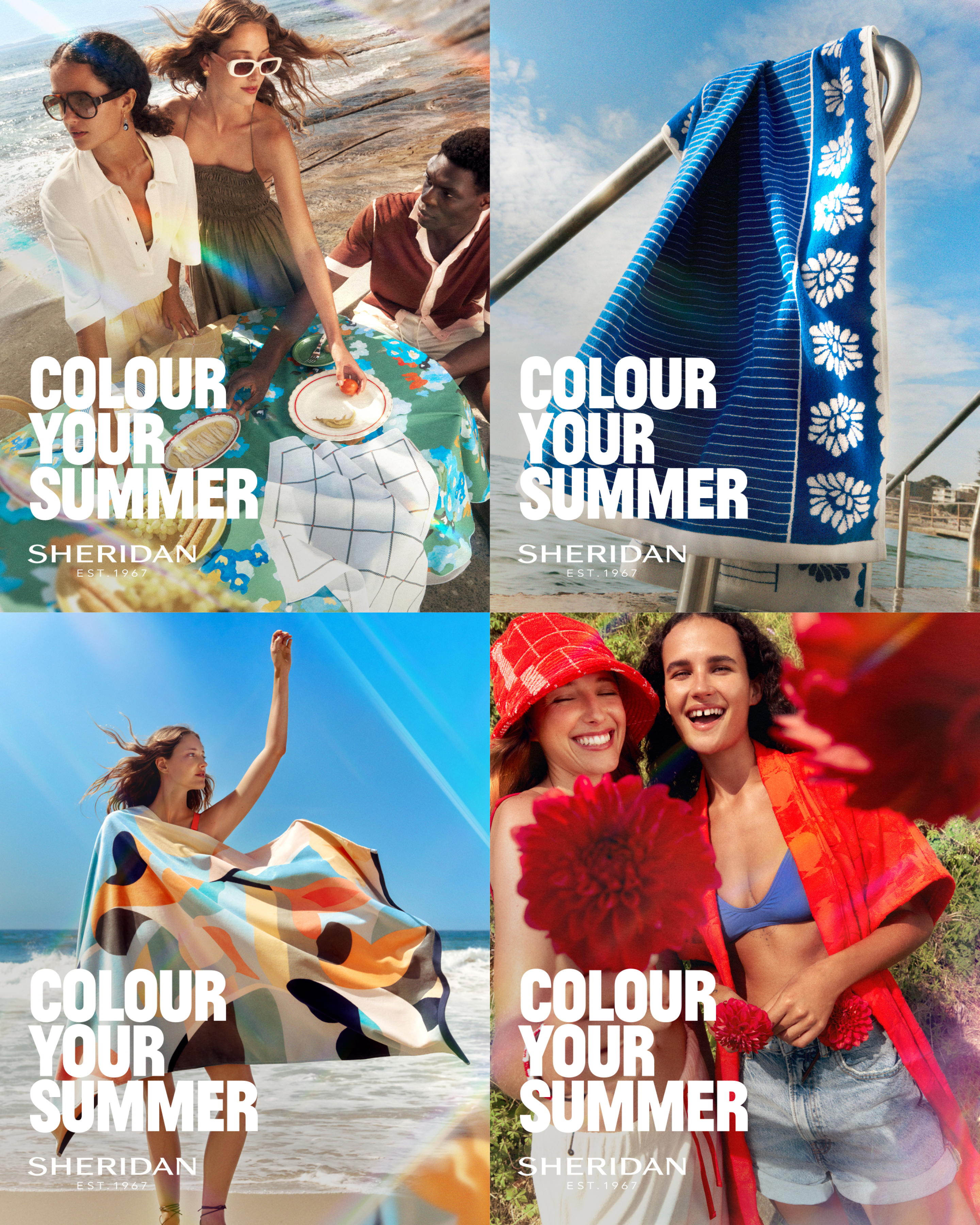 Summer campaign showing two women and one man having lunch, blue striped beach towel, woman on beach with colorful towel, women holding flowers