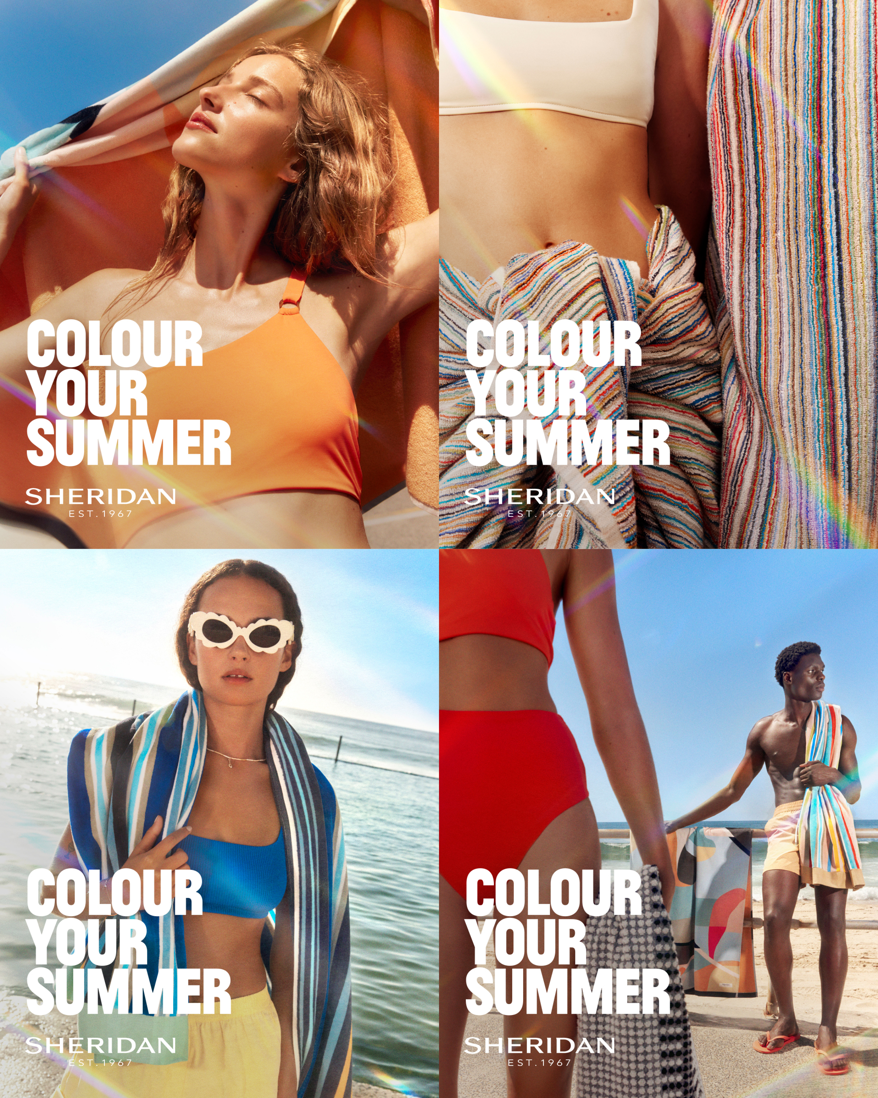 Four split-screen panels showcase models in swimwear with towels against beach and studio backgrounds, promoting summer fashion.