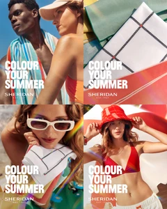 Four-panel collage featuring models outdoors with beach towels and swimwear for the Sheridan Colour Your Summer campaign